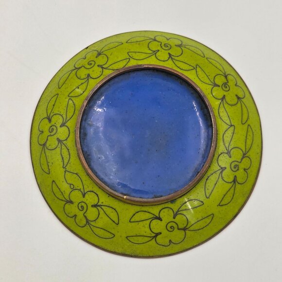 Cloisonné Prunus Brass Trinket Dish Set 3 Plum Blossom Enamel Plates 4″ - Picture 3 of 7